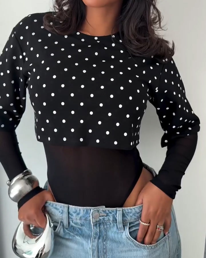 Polka Dot Sheer Mesh One-piece Bodysuit  - By Qivii