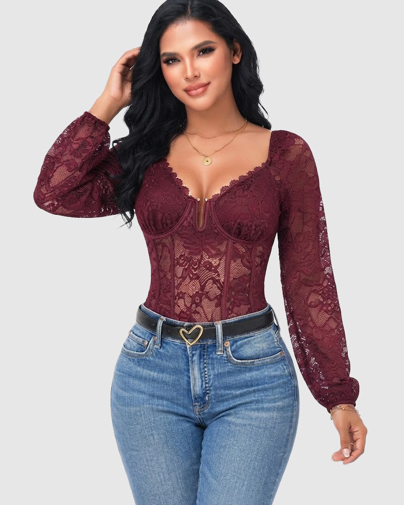 Sexy Long Sleeve Lace Floral Corset Bodysuit