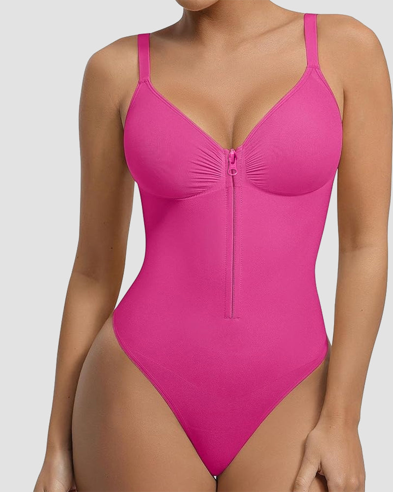 Front Zipper Tummy Control Triangle Shapewear Bodysuit  - By Qivii