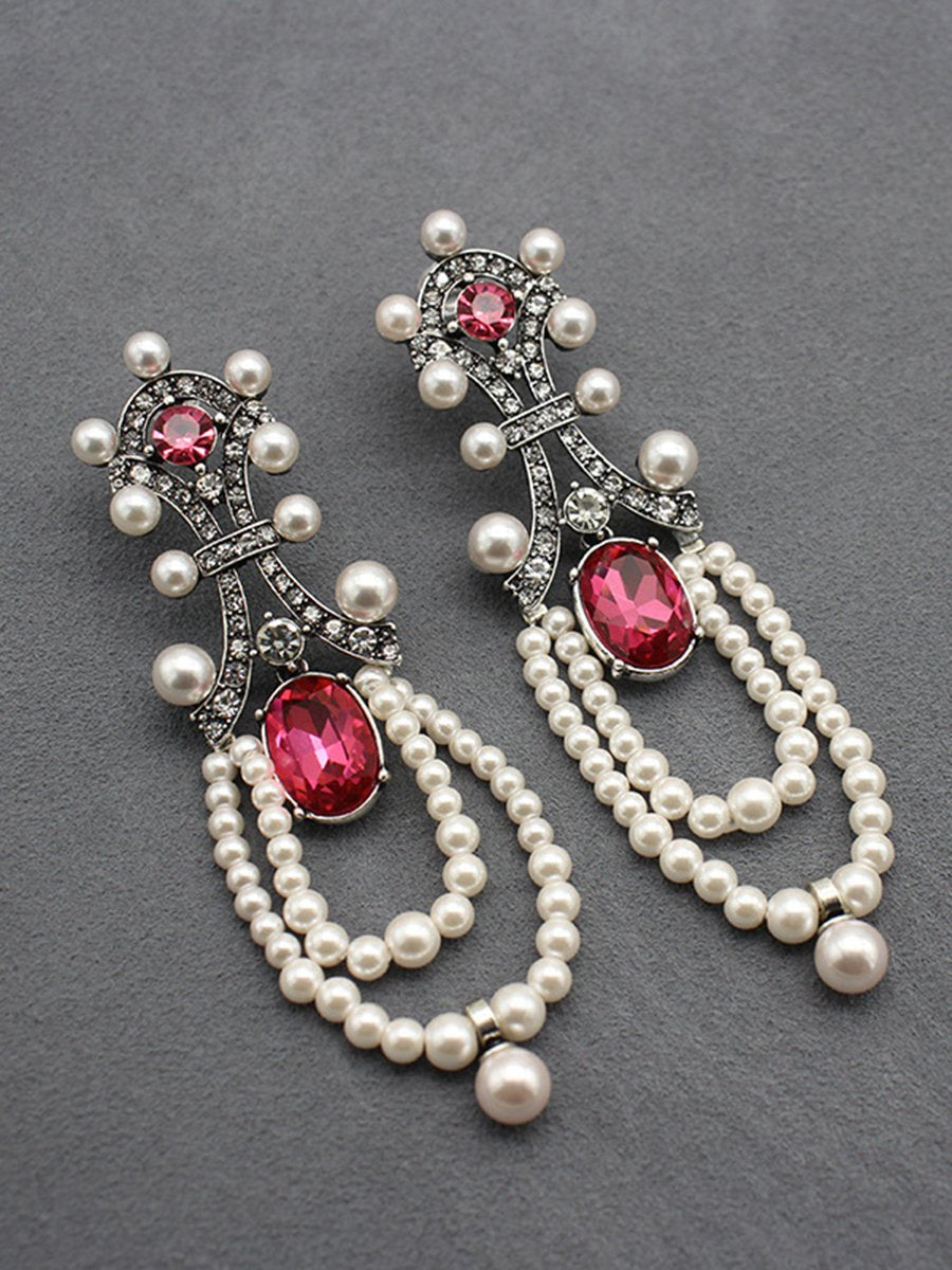 Vintage Long Ruby pearl Tassel Earrings  - By Qivii