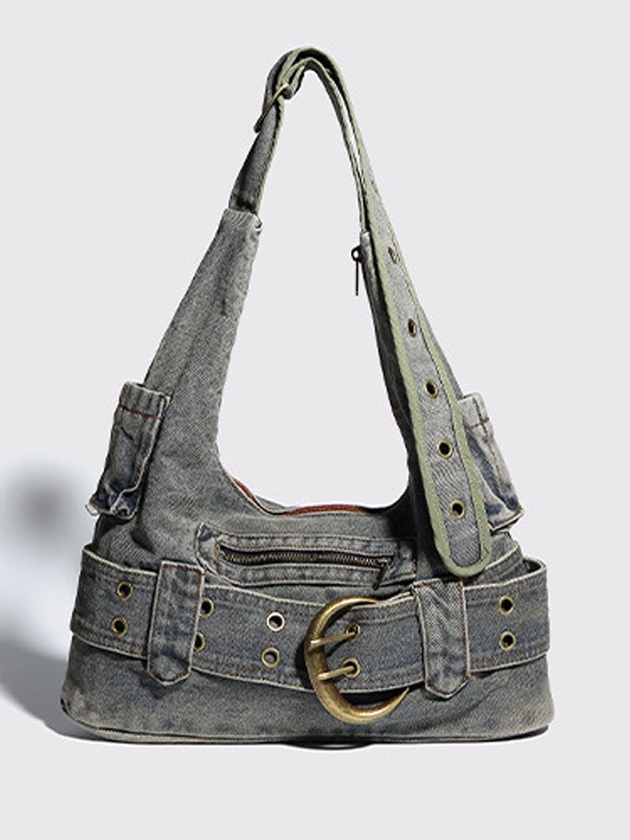 Vintage Washed Denim Shoulder Crossbody Underarm Bag  - By Qivii