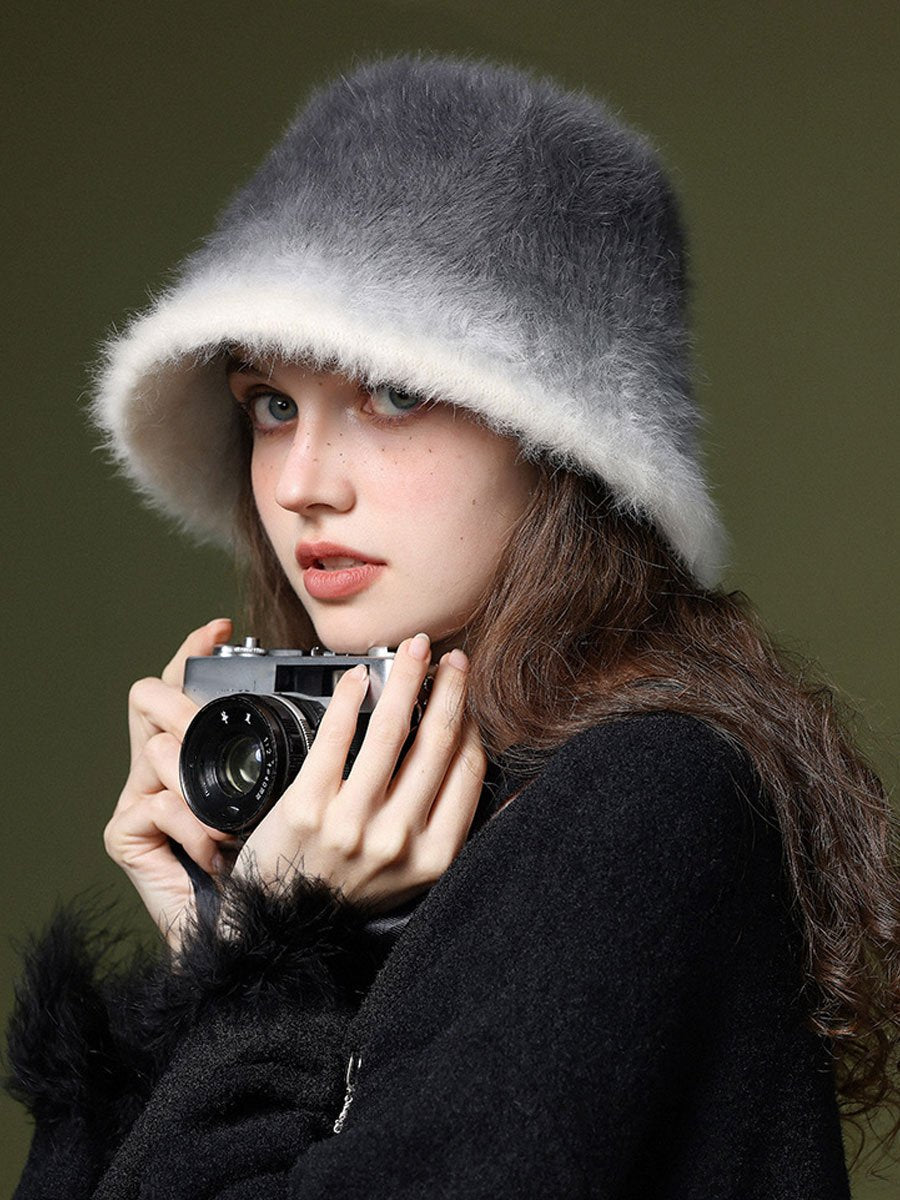 Winter Fashion Gradient Plush Rabbit Fur Warm Bucket Hat  - By Qivii
