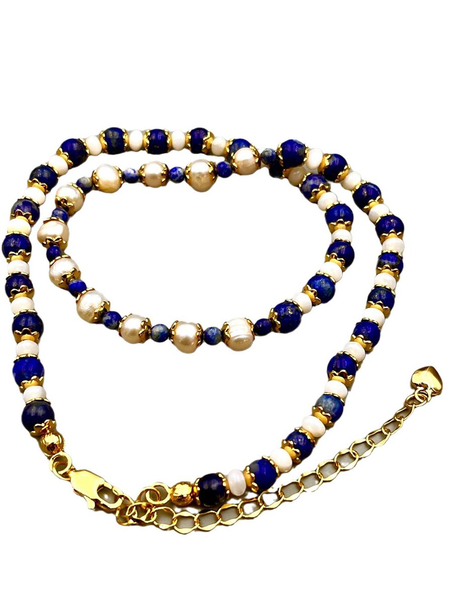 Vintage Natural Lapis Lazuli Pearl Fashion Necklace  - By Qivii