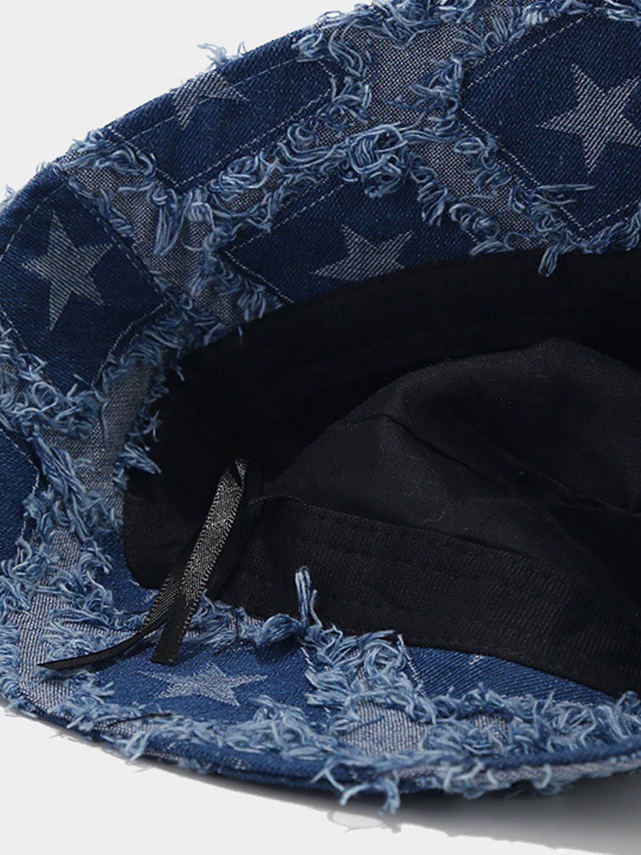 Casual Fashion Five-pointed Star Raw-edge Denim Bucket Hat  - By Qivii