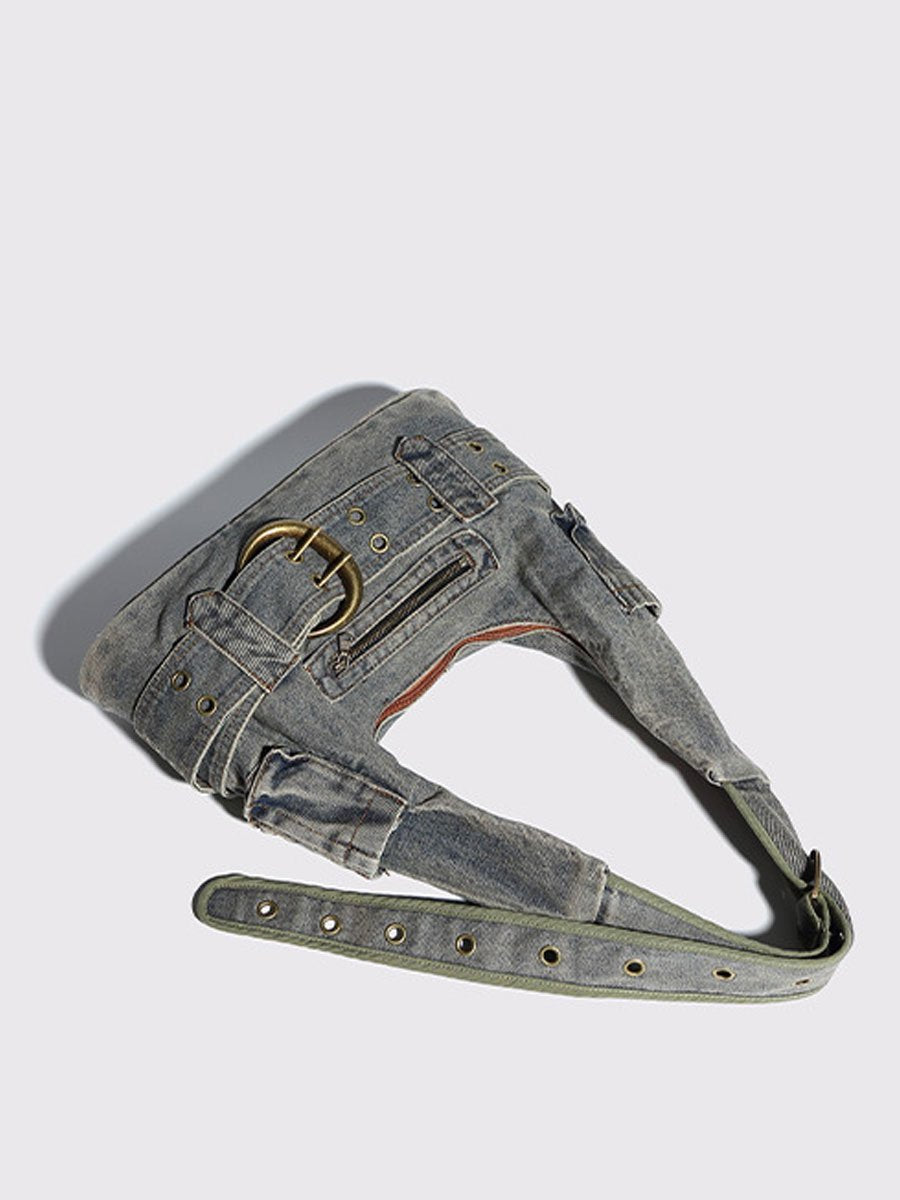 Vintage Washed Denim Shoulder Crossbody Underarm Bag  - By Qivii