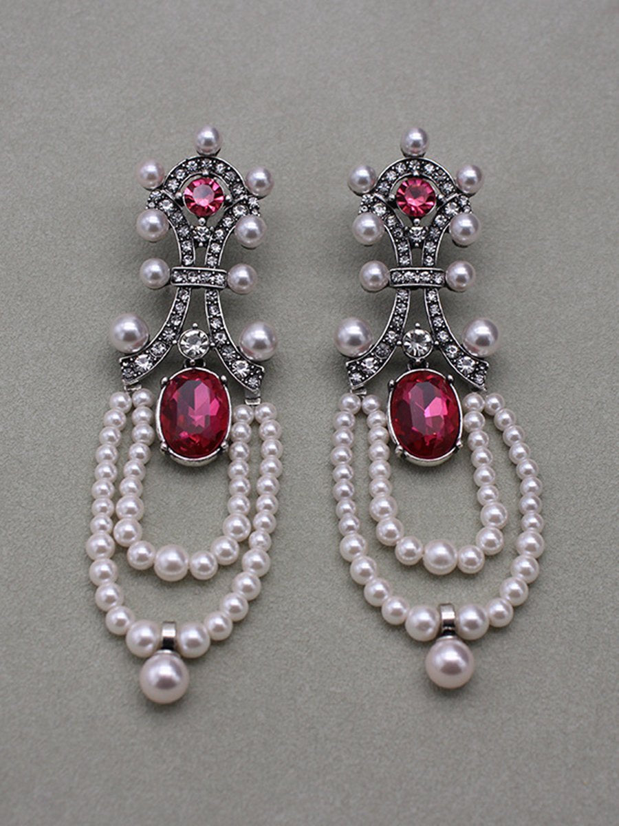 Vintage Long Ruby pearl Tassel Earrings  - By Qivii