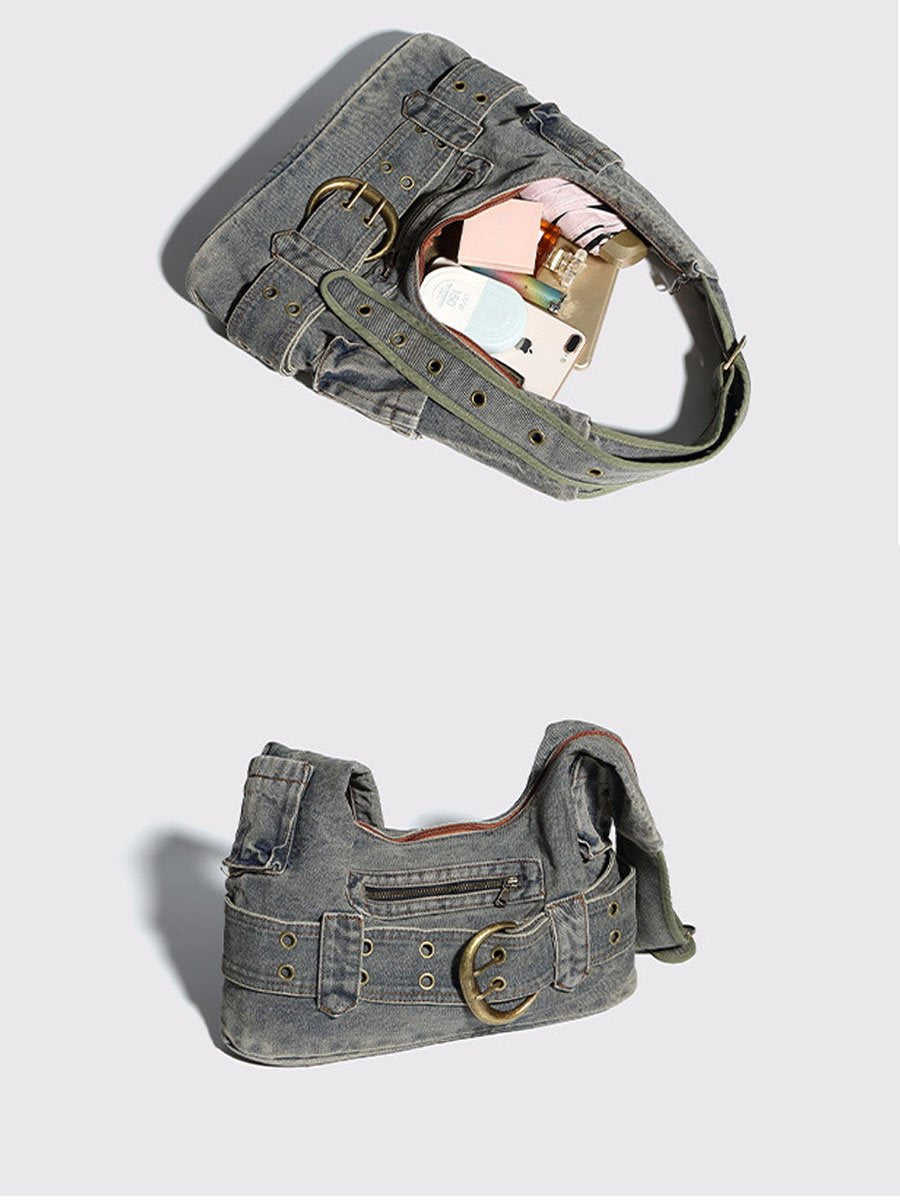 Vintage Washed Denim Shoulder Crossbody Underarm Bag  - By Qivii