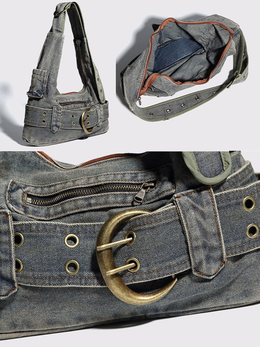 Vintage Washed Denim Shoulder Crossbody Underarm Bag  - By Qivii