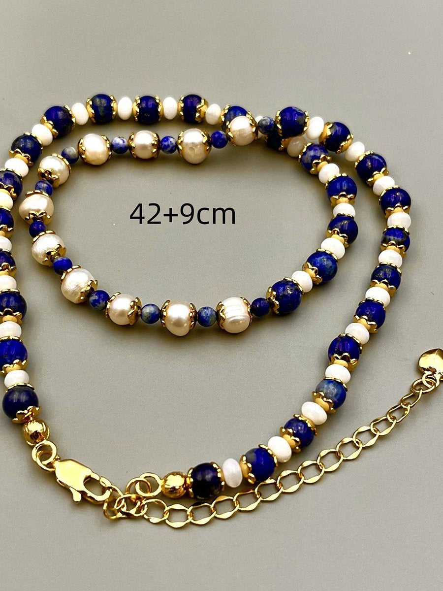 Vintage Natural Lapis Lazuli Pearl Fashion Necklace  - By Qivii