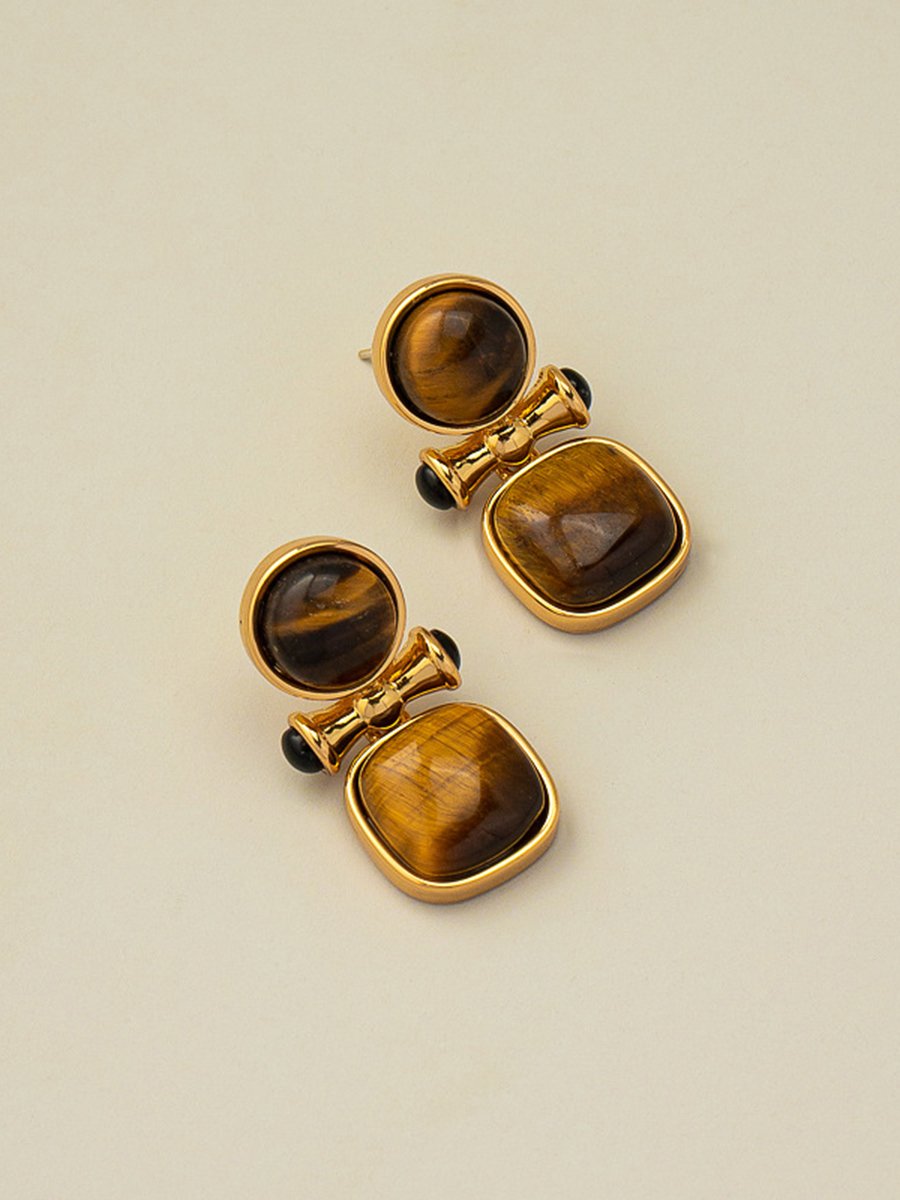 Retro Light Luxury High-end Natural Tiger Eye Stone Earrings  - By Qivii