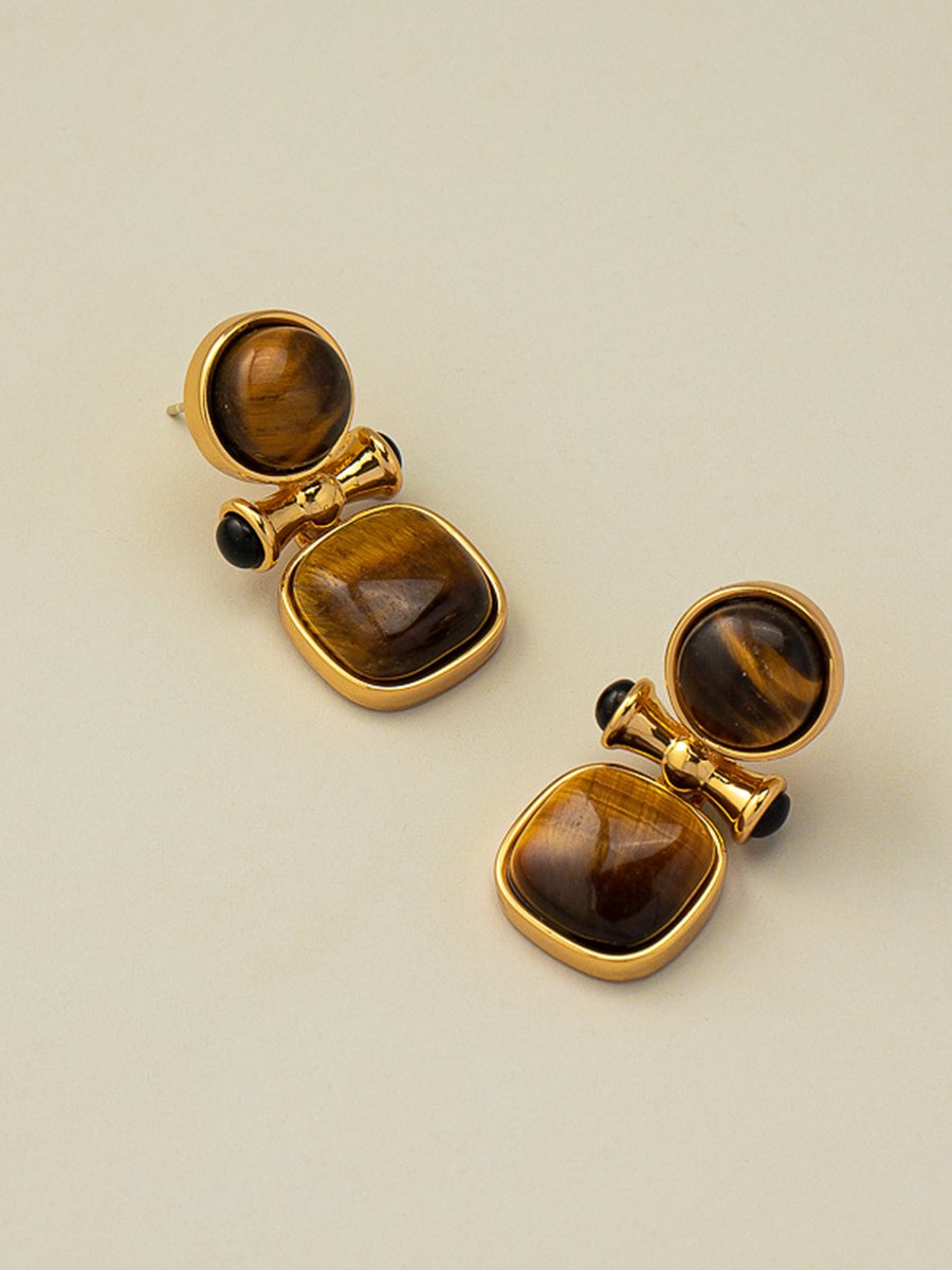 Retro Light Luxury High-end Natural Tiger Eye Stone Earrings  - By Qivii