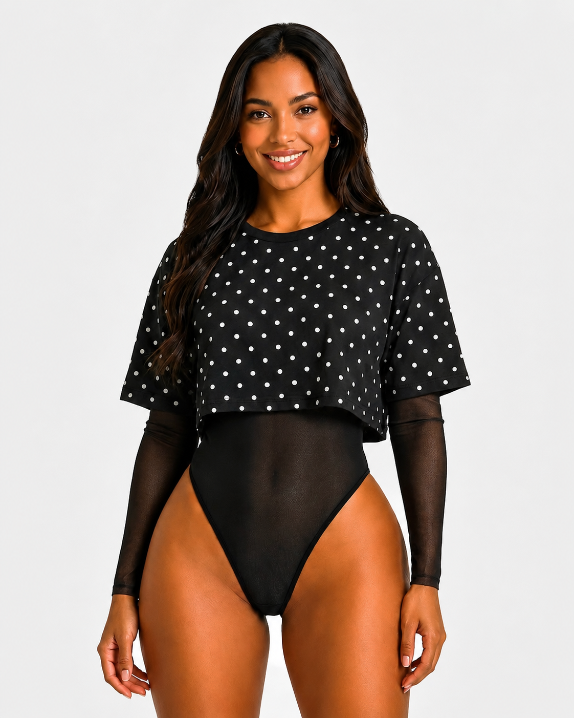 Polka Dot Sheer Mesh One-piece Bodysuit  - By Qivii