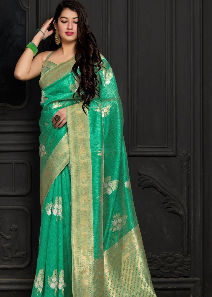 Jungle Green Banarasi Silk Floral Woven Saree with Golden Border and Pallu | Stitched Blouse - qivii