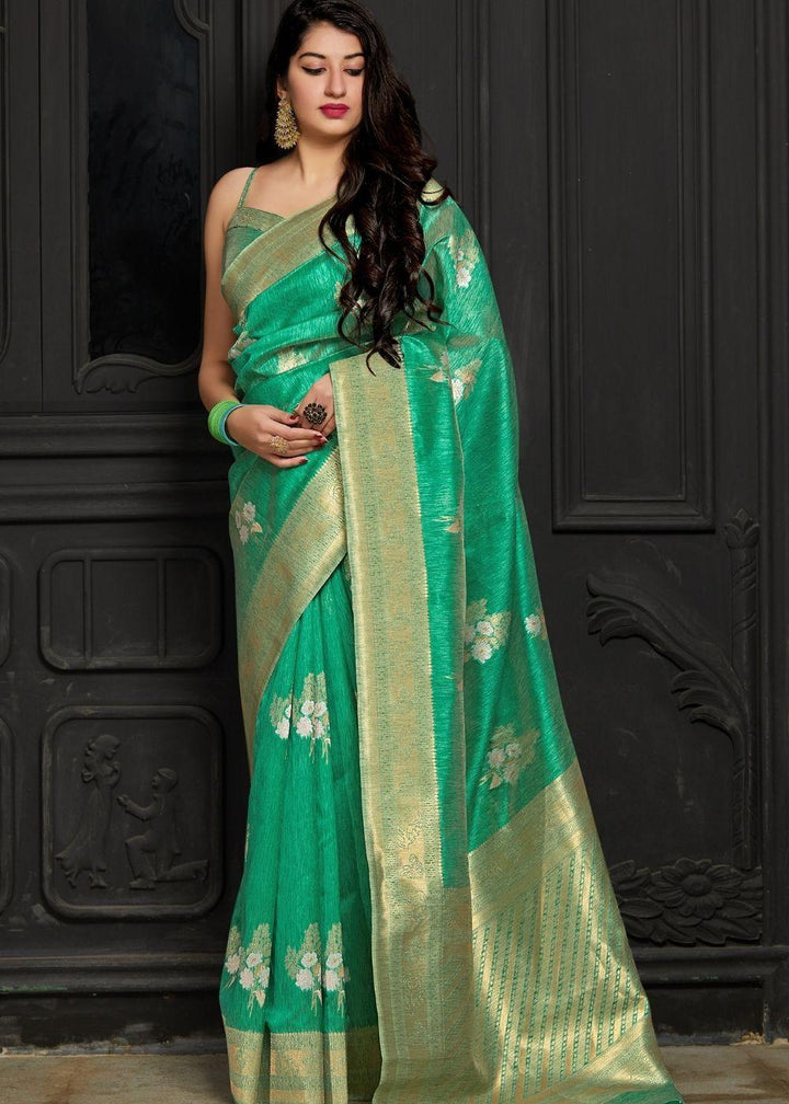 Jungle Green Banarasi Silk Floral Woven Saree with Golden Border and Pallu | Stitched Blouse - qivii