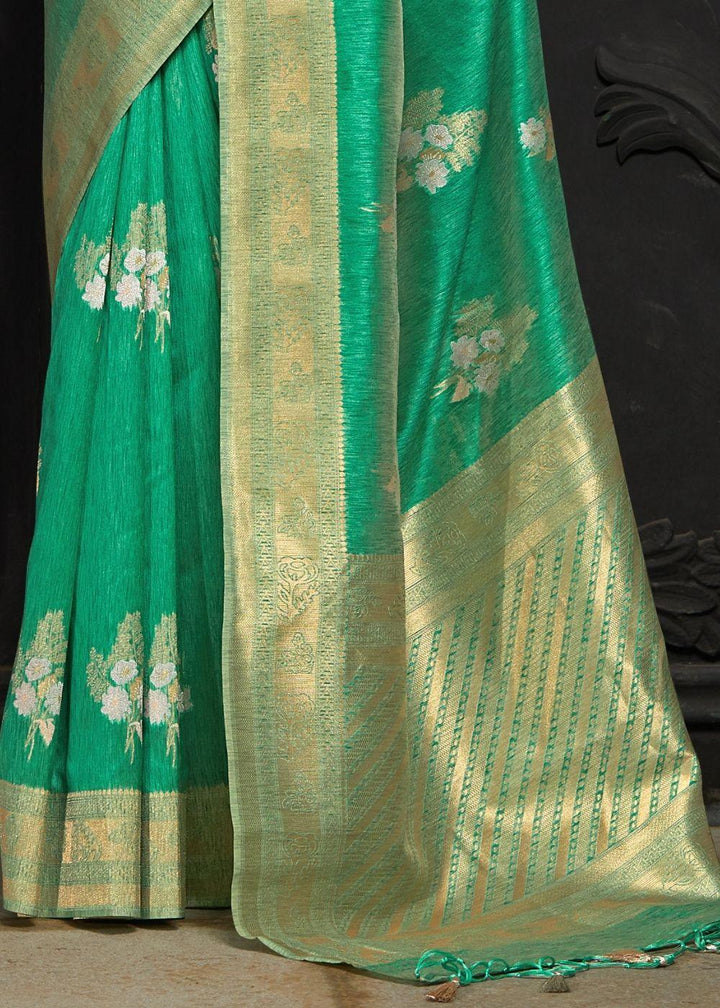 Jungle Green Banarasi Silk Floral Woven Saree with Golden Border and Pallu | Stitched Blouse - qivii