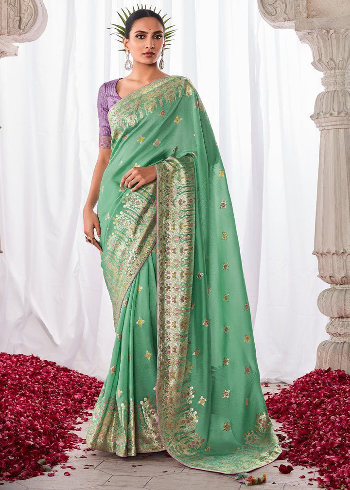 Jungle Green Kora Silk Saree with Meenakari Pallu & Designer Blouse - qivii