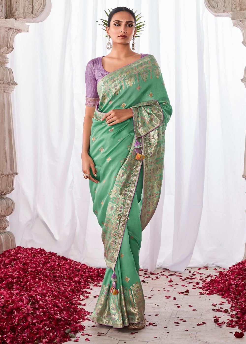 Jungle Green Kora Silk Saree with Meenakari Pallu & Designer Blouse - qivii