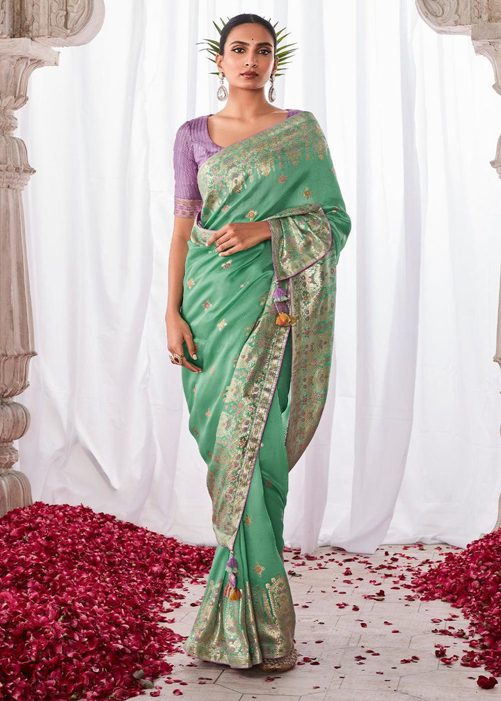 Jungle Green Kora Silk Saree with Meenakari Pallu & Designer Blouse - qivii