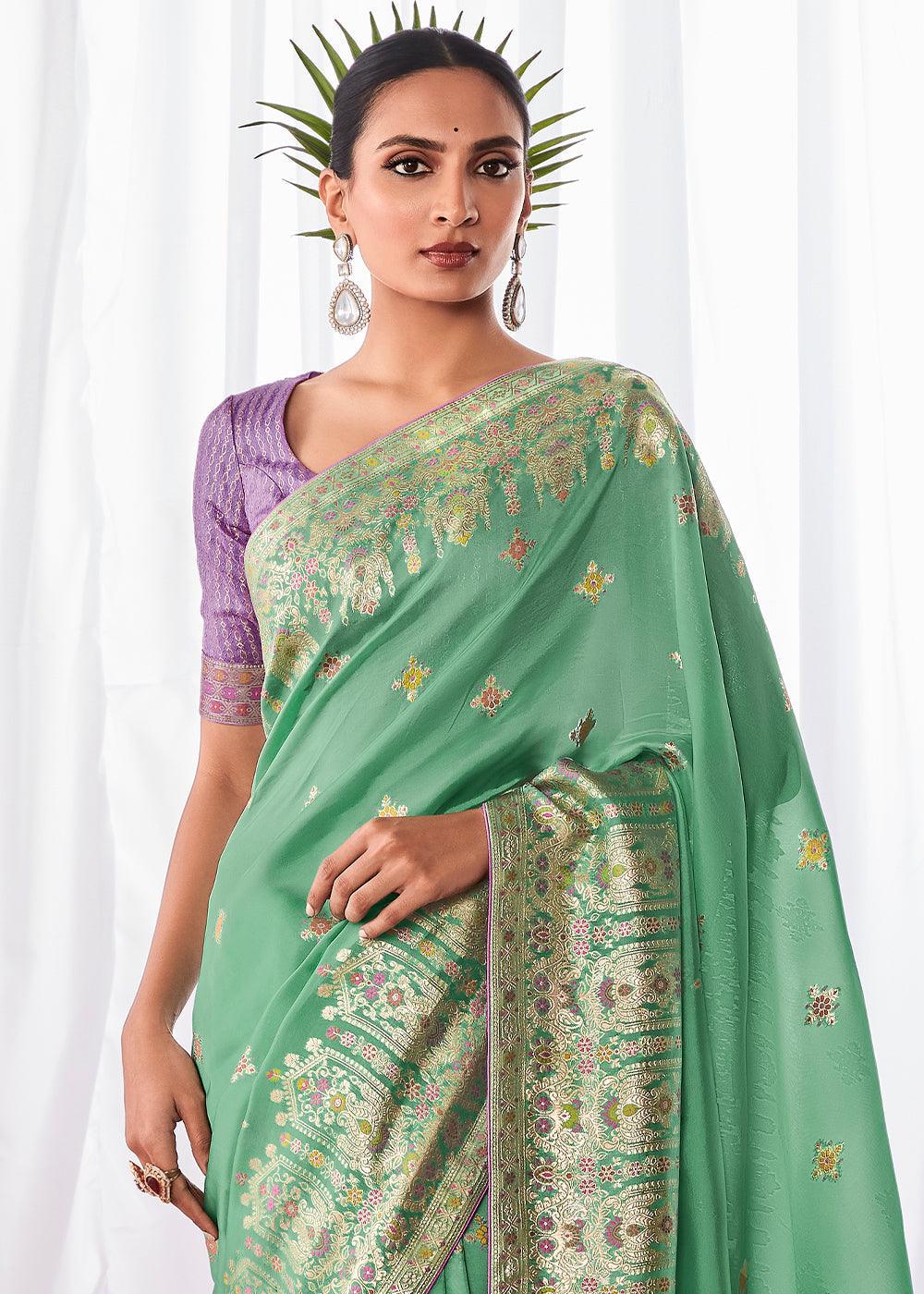 Jungle Green Kora Silk Saree with Meenakari Pallu & Designer Blouse - qivii