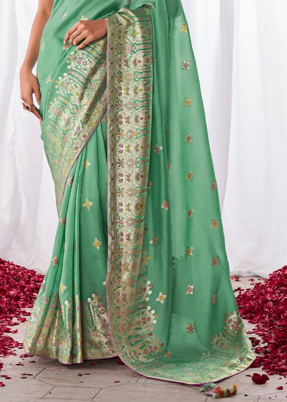 Jungle Green Kora Silk Saree with Meenakari Pallu & Designer Blouse - qivii