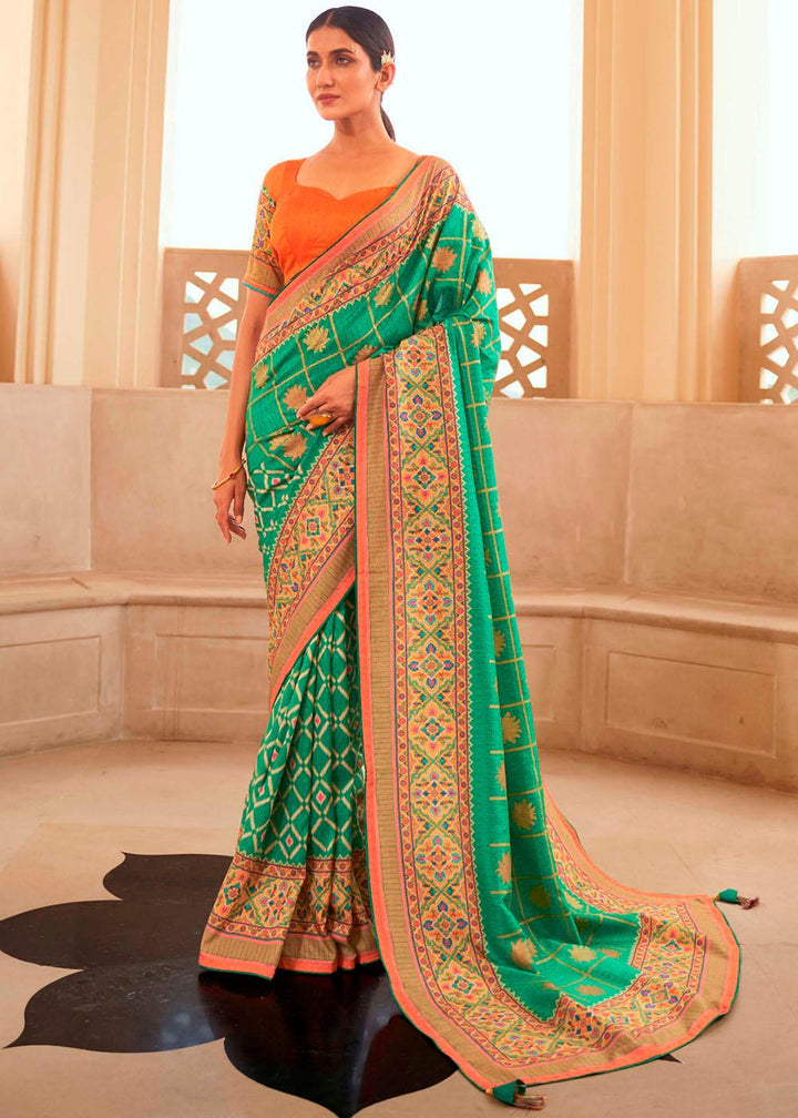 Jungle Green Patola Print Georgette Silk Saree | Stitched Blouse - qivii