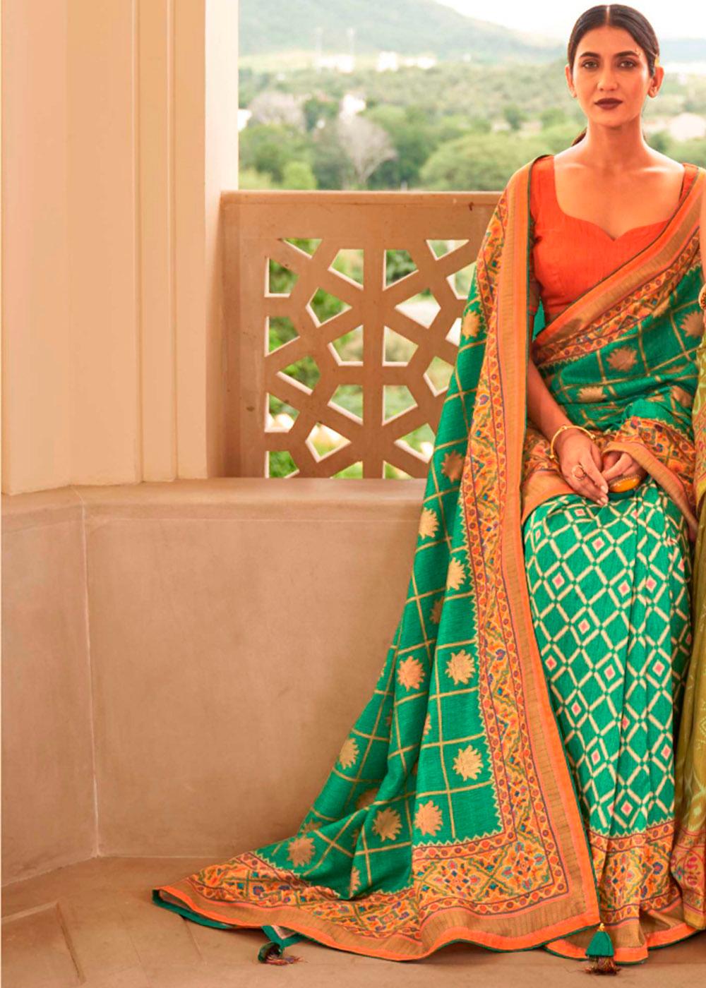 Jungle Green Patola Print Georgette Silk Saree | Stitched Blouse - qivii