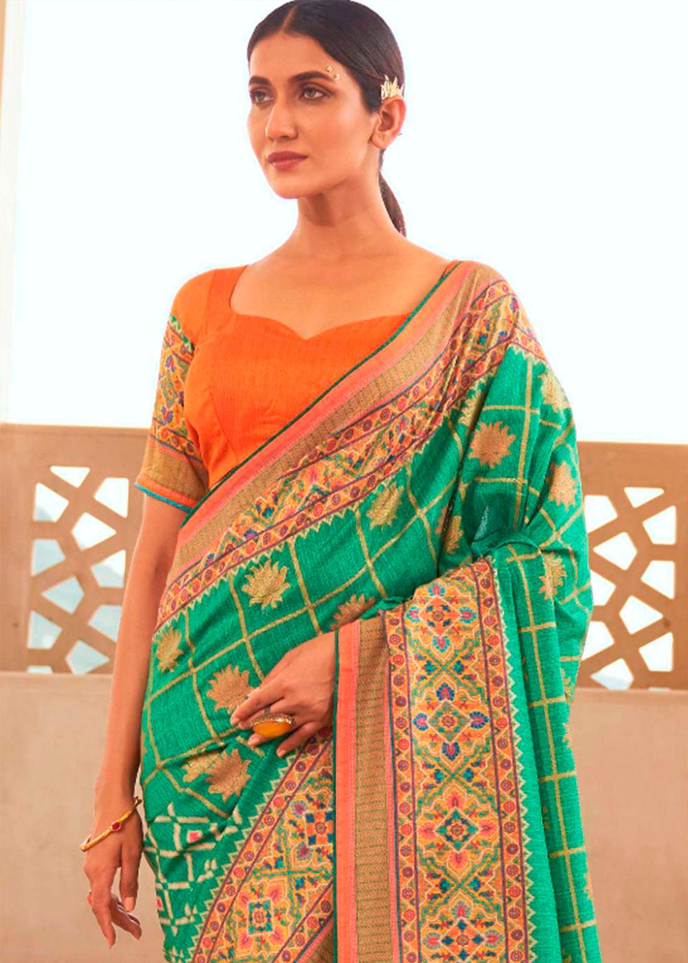 Jungle Green Patola Print Georgette Silk Saree | Stitched Blouse - qivii