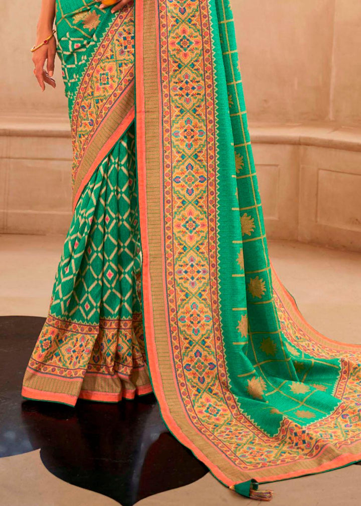 Jungle Green Patola Print Georgette Silk Saree | Stitched Blouse - qivii