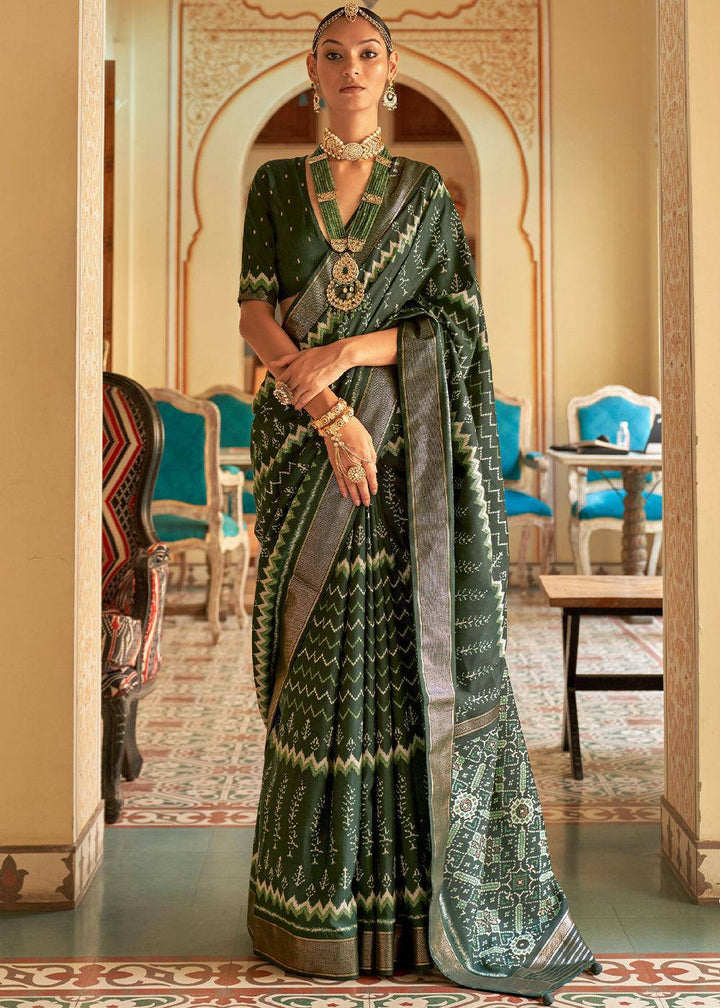 Juniper Green Designer Printed Silk Saree | Stitched Blouse - qivii