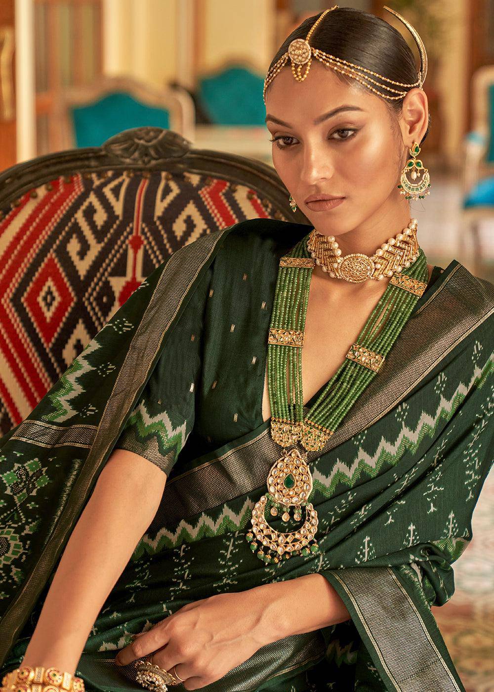 Juniper Green Designer Printed Silk Saree | Stitched Blouse - qivii