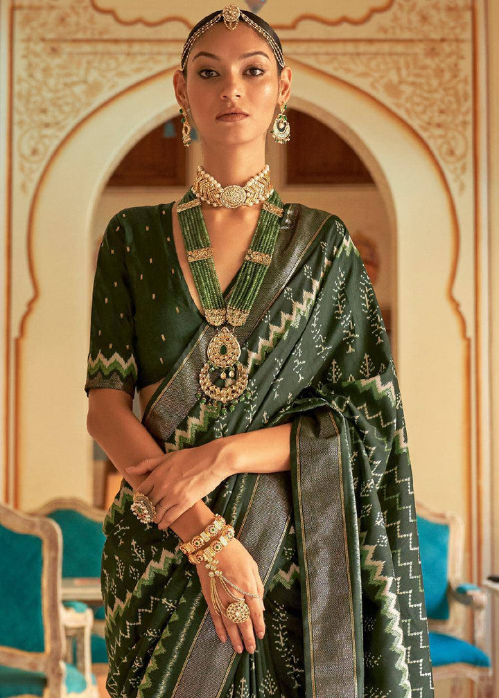 Juniper Green Designer Printed Silk Saree | Stitched Blouse - qivii