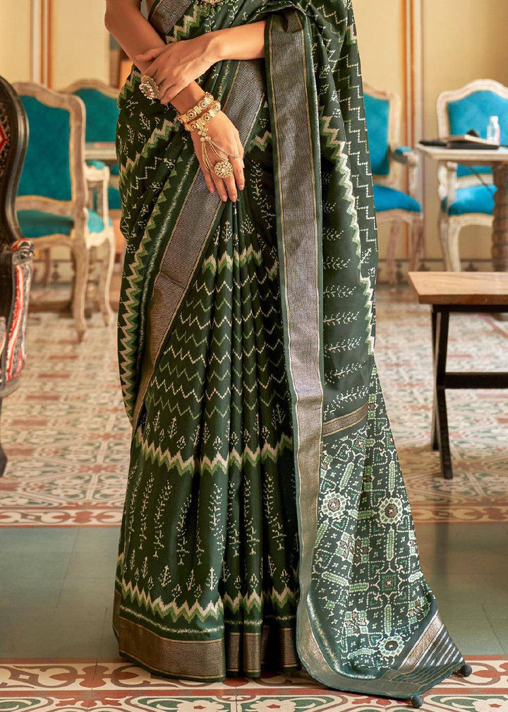 Juniper Green Designer Printed Silk Saree | Stitched Blouse - qivii