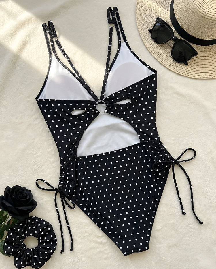 Polka Dot Double Strap Ruched Ring Cutout  One Piece Swimsuit  - By Qivii