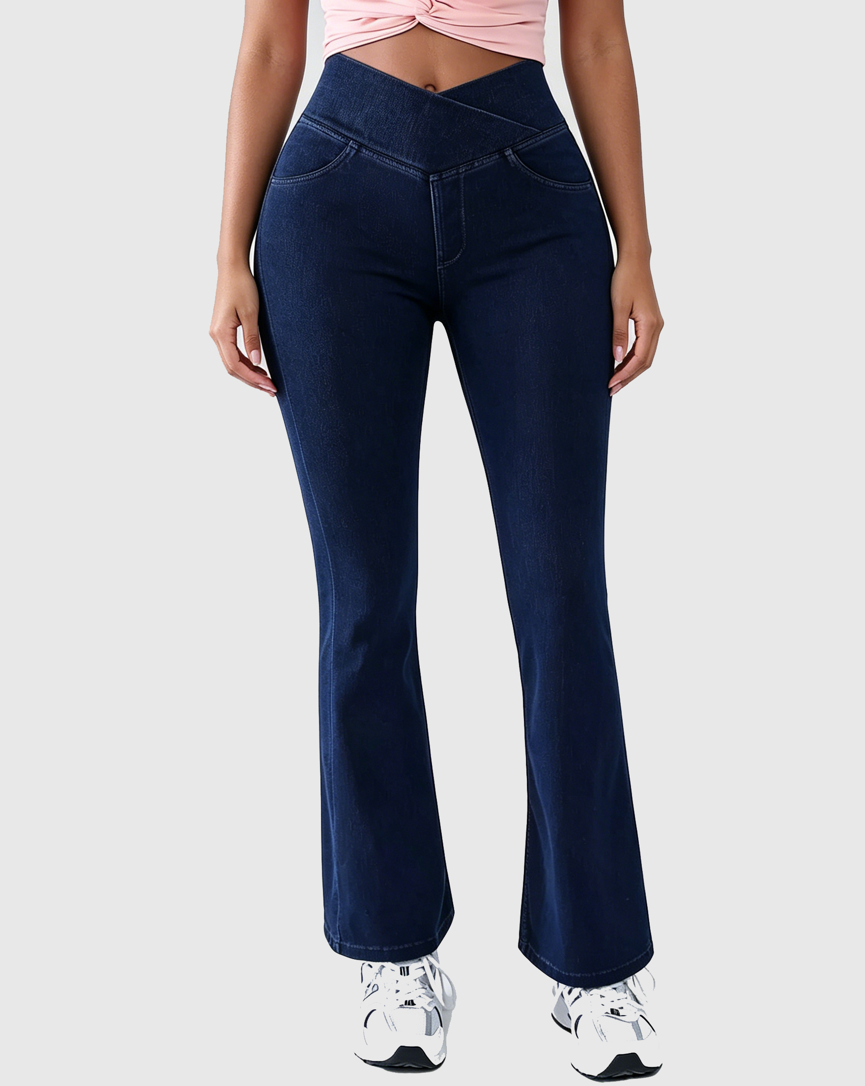 Cross V Waist Butt Lifting Stretch Denim Flare Jeans  - By Qivii