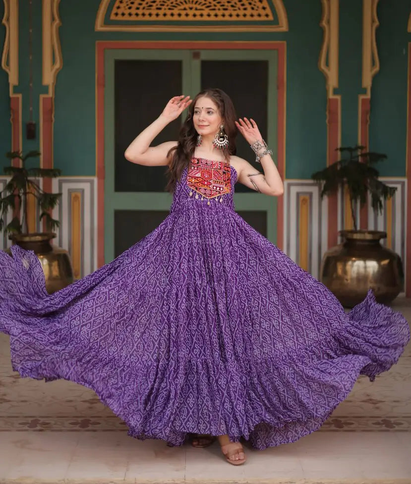 Purple Bandhani Print With Kutchi Patch Work Navratri Gown - qivii