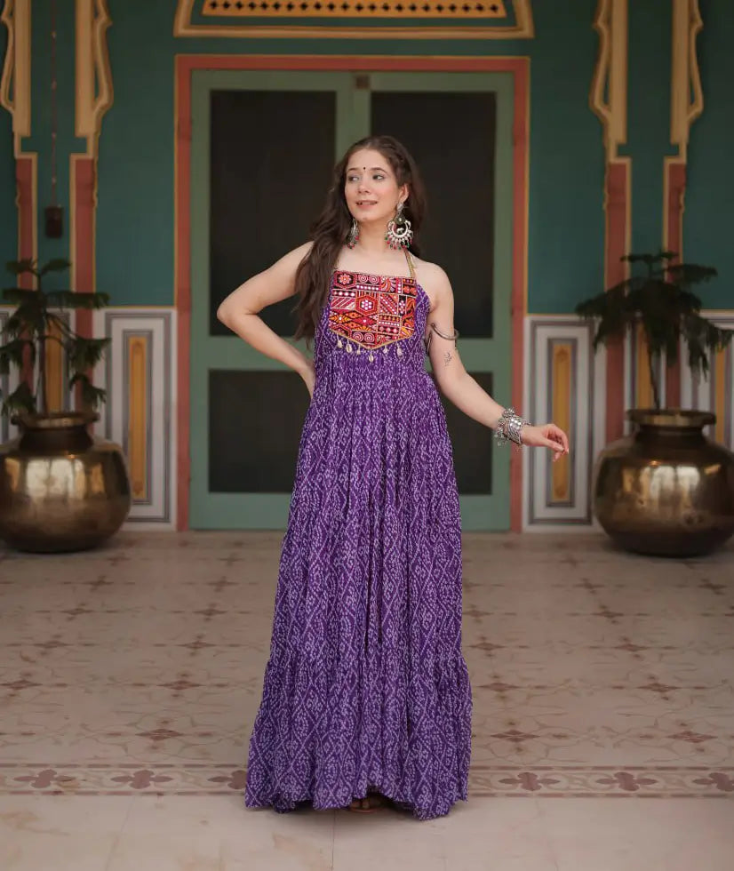 Purple Bandhani Print With Kutchi Patch Work Navratri Gown - qivii
