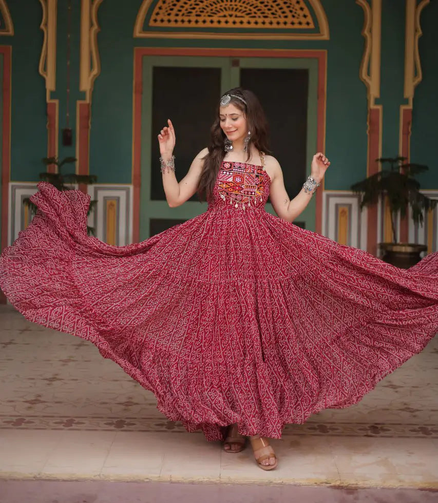 Maroon Bandhani Print With Kutchi Patch Work Navratri Gown - qivii