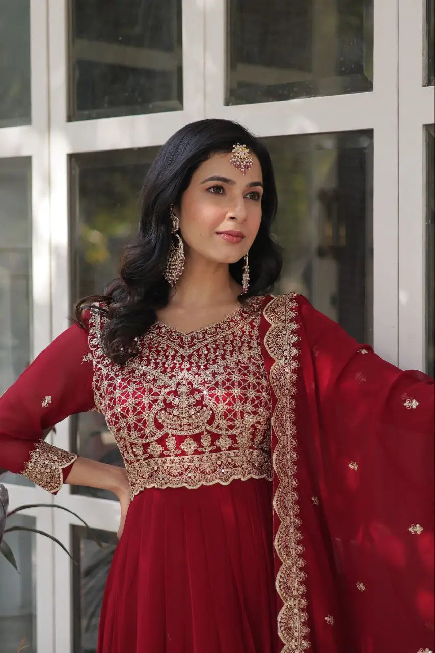 Falu Red Georgette Gown Embroidery Work With Dupatta