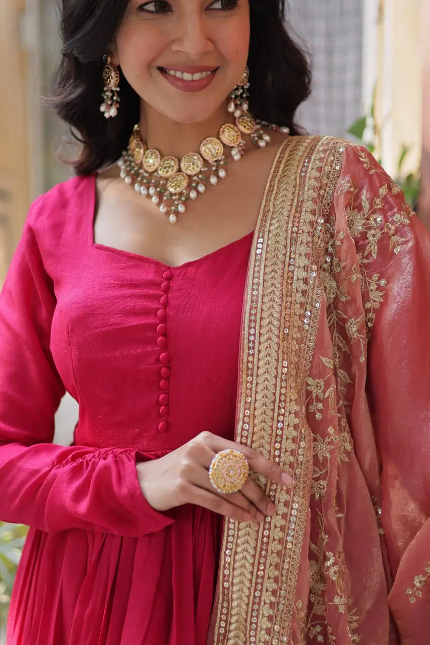 Pink Shimmer Vichitra Rich Sequins Embroidered Gown With Heavy Dupatta - qivii
