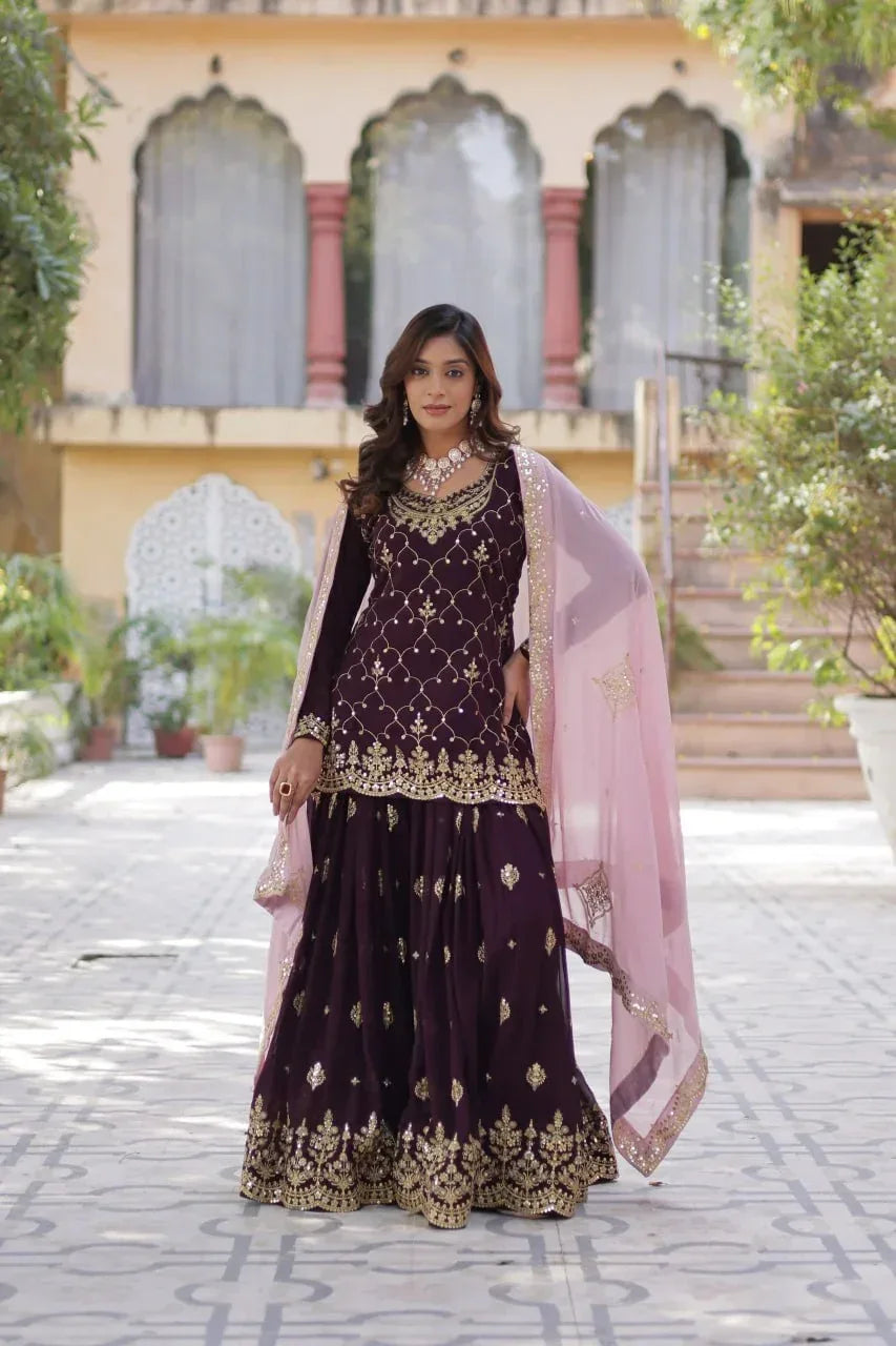 Magenta Purple Sequins Embroidery Work Kurti Palazzo Suit With Contras Dupatta