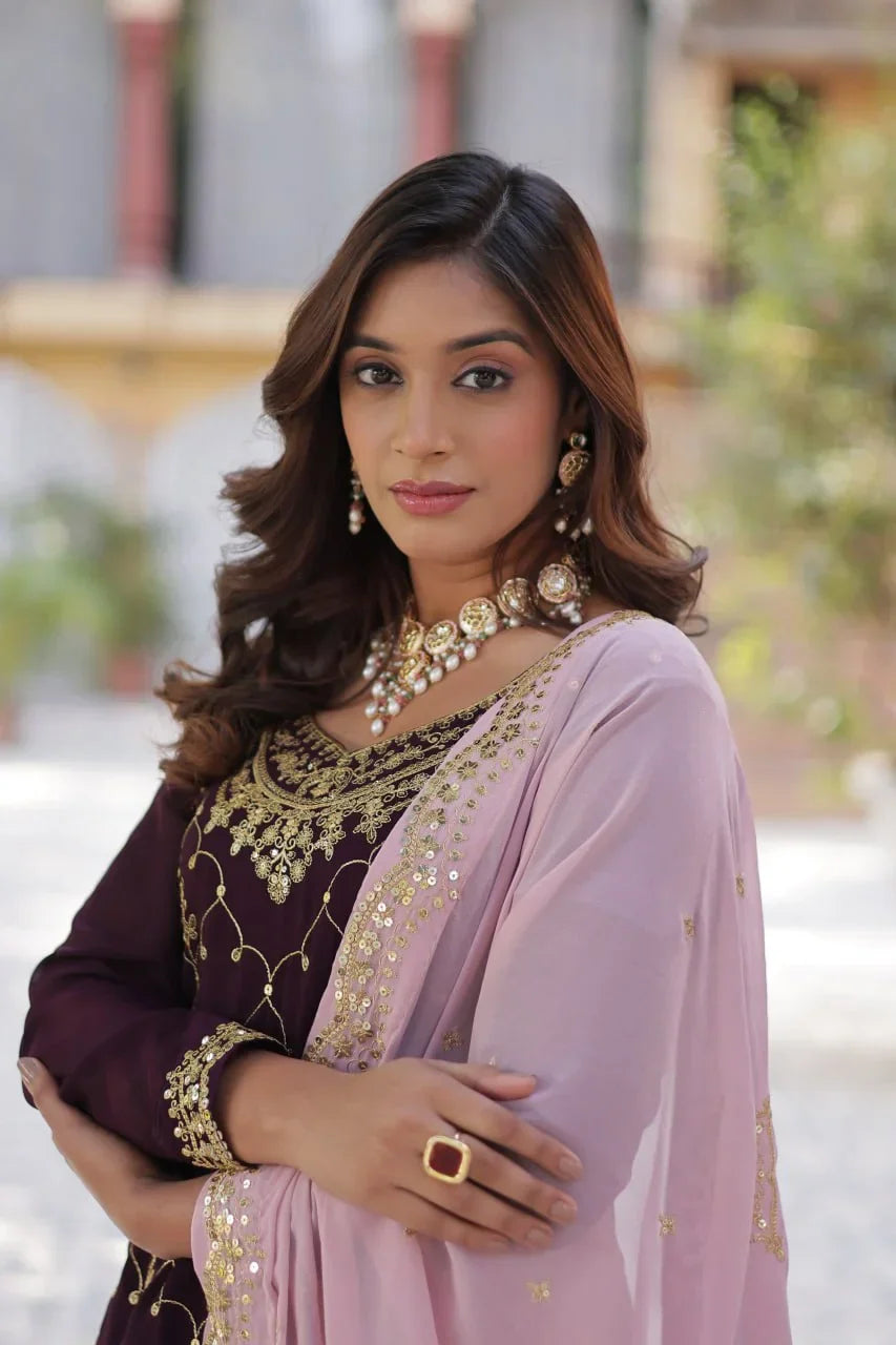 Magenta Purple Sequins Embroidery Work Kurti Palazzo Suit With Contras Dupatta - qivii