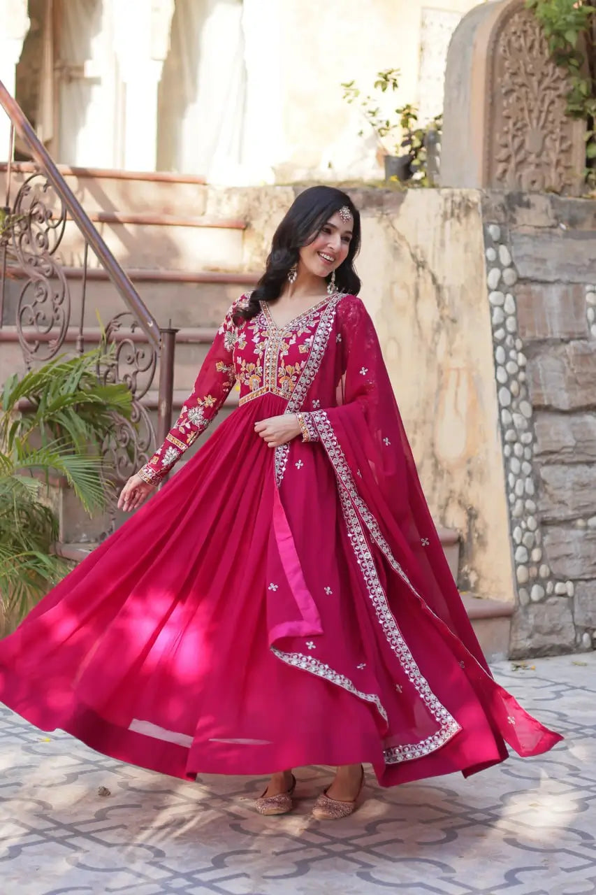 Rose Red Beautiful Thread Sequins Embroidery Work Gown And Dupatta - qivii