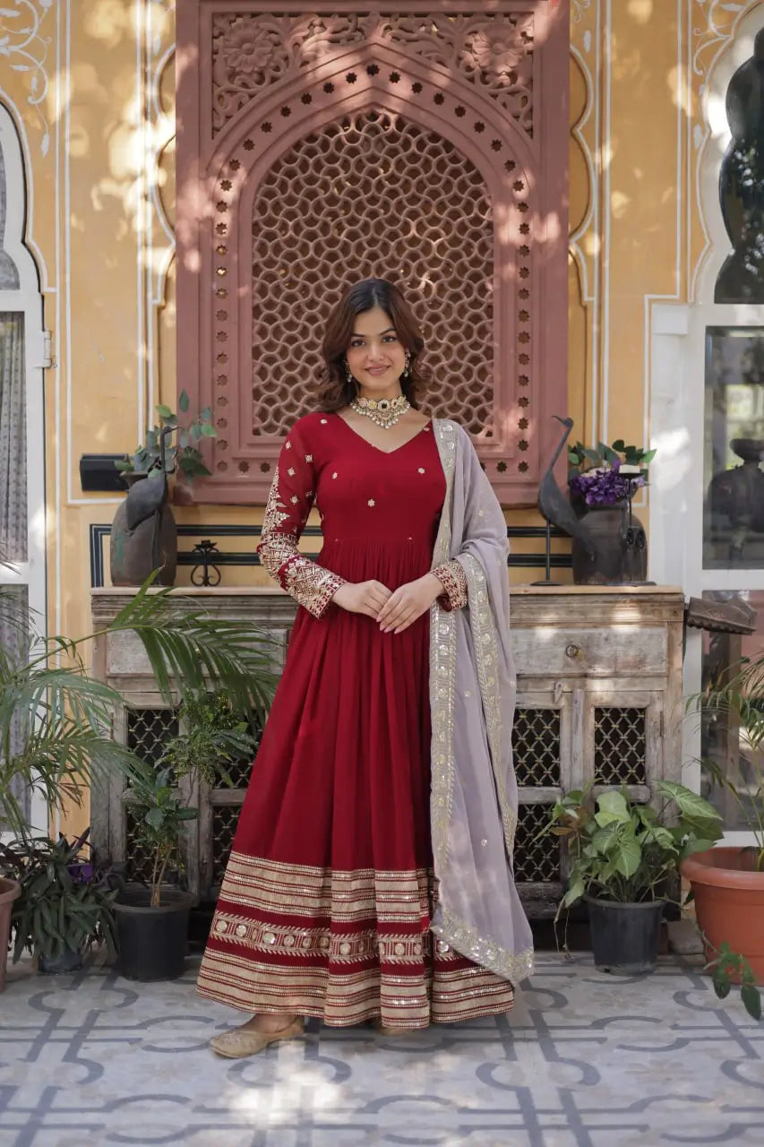 Merlot Red Sequins Embroidery Work Gown With Contras Dupatta - qivii