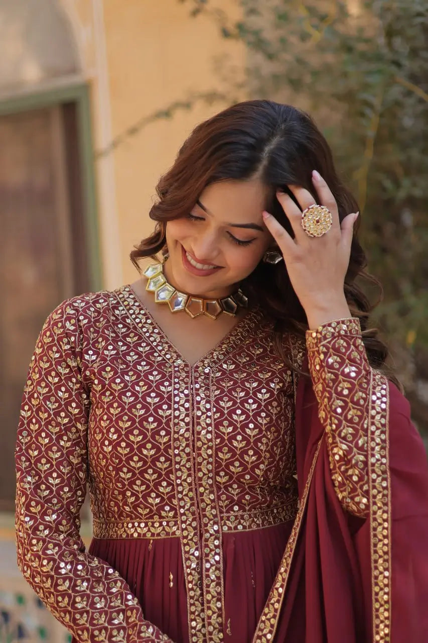 Solid Maroon Georgette Sequins Embroidery Work Front Cut Gown And Dupatta - qivii