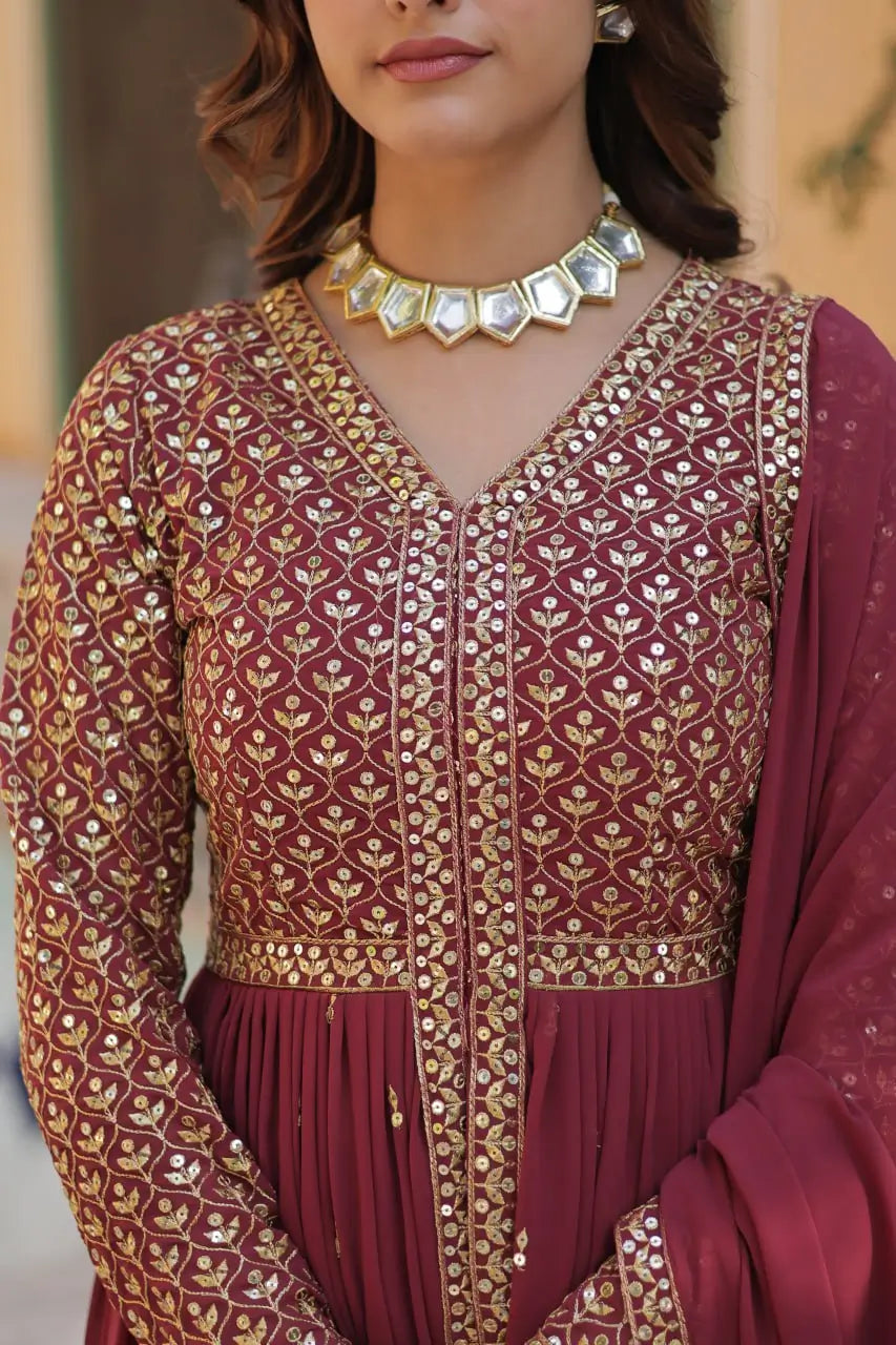 Solid Maroon Georgette Sequins Embroidery Work Front Cut Gown And Dupatta - qivii