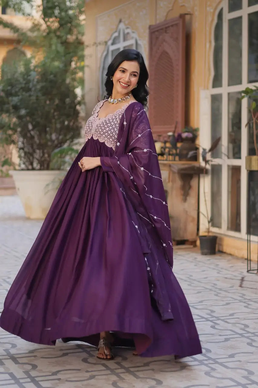 Plum Purple Embroidery Beads Sequins Work Georgette Gown With Dupatta - qivii