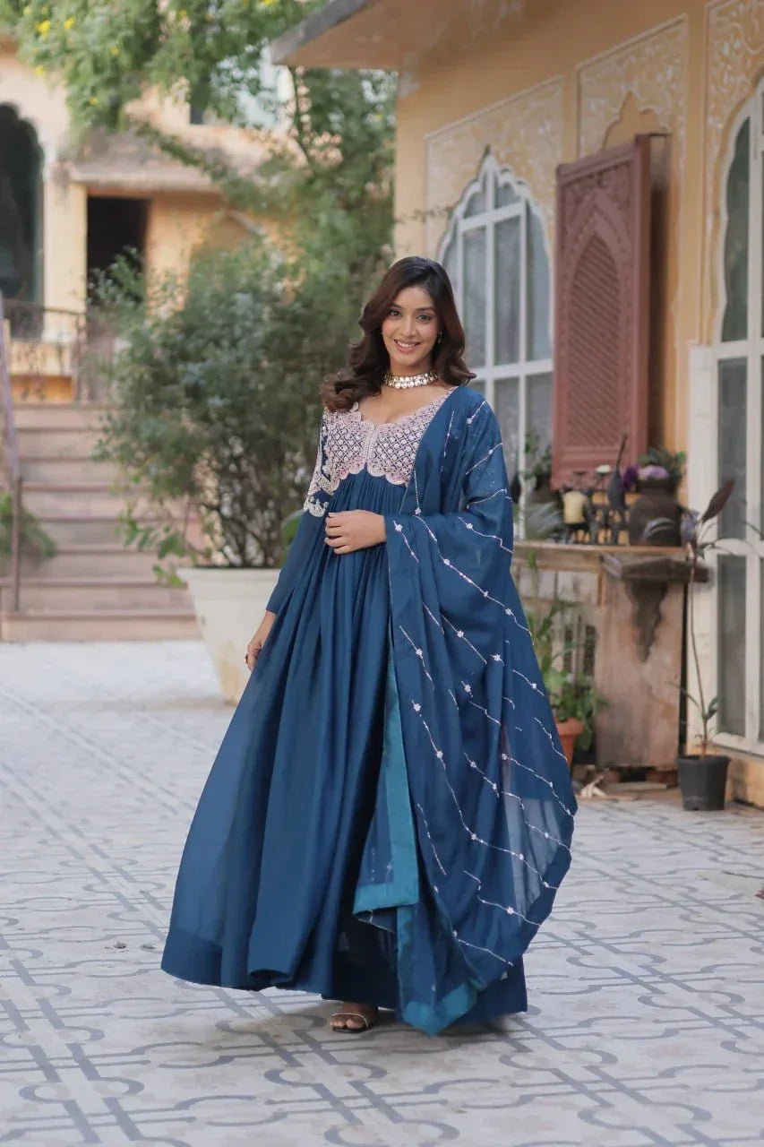 Teal Blue Embroidery Beads Sequins Work Georgette Gown With Dupatta