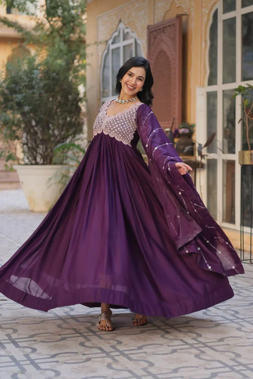 Plum Purple Embroidery Beads Sequins Work Georgette Gown With Dupatta - qivii