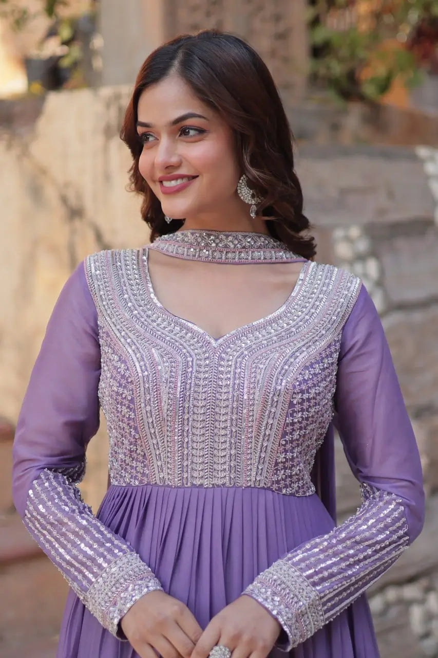 Lilac Purple Georgette Embroidery Beads Sequins Work Gown With Dupatta - qivii
