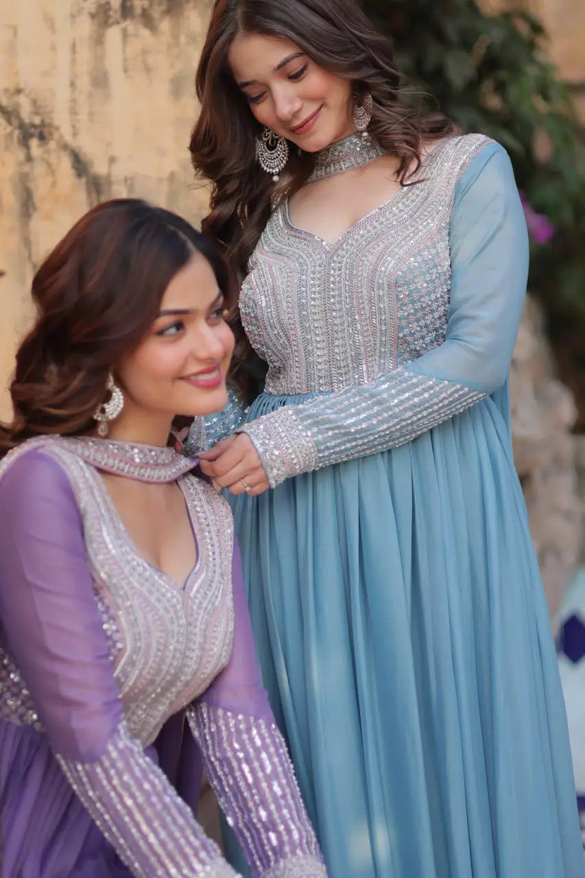 Sky Blue Georgette Embroidery Beads Sequins Work Gown With Dupatta - qivii